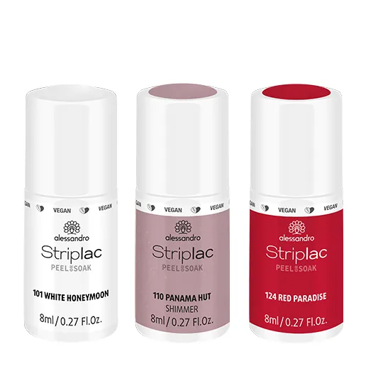 Drei Striplac Peel & Soak Nagellacke in unterschiedlichen Farben
