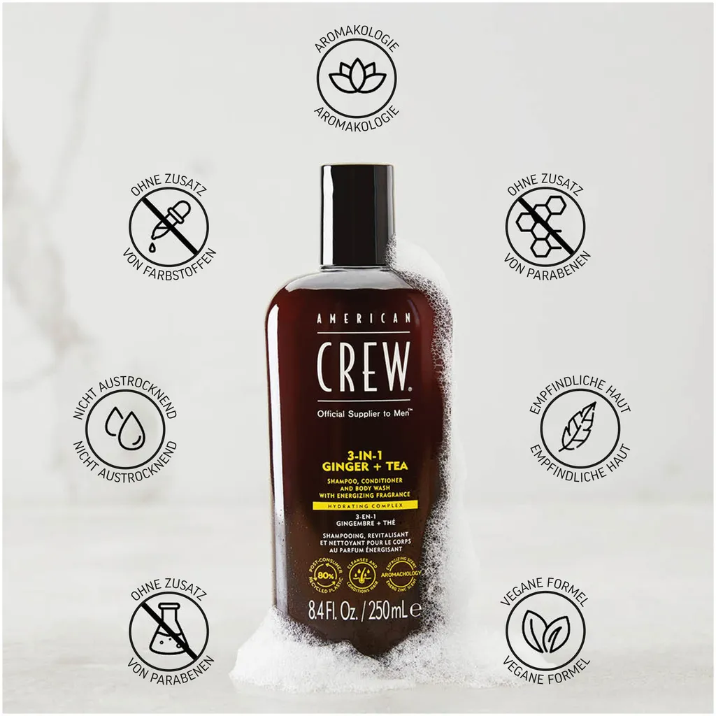 American Crew 3 in 1 Ginger & Tea Shampoo, Conditioner & Body Wash